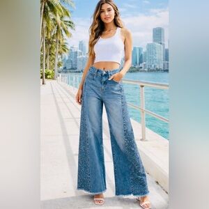 RHINESTONES Elegant Blue Flare Jeans for Women